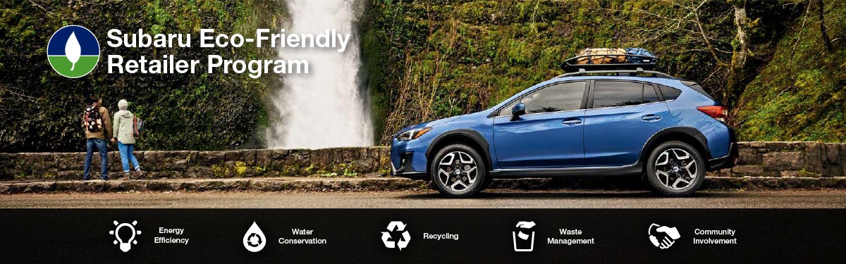 The Subaru Eco-Friendly Retailer Program logo with a blue Subaru and eco icons at bottom. | Competition Subaru of Smithtown in St James NY