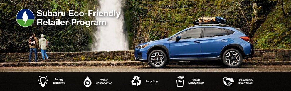 The Subaru Eco-Friendly Retailer Program logo with a blue Subaru and eco icons at bottom. | Competition Subaru of Smithtown in St James NY