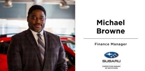 Headshots of Michael Browne, Finance Manager, in front of cars at a Subaru dealership.