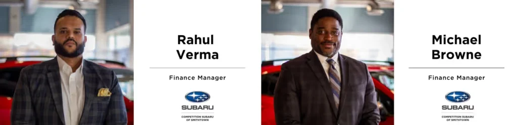 Headshots of Rahul Verma and Michael Browne, Finance Managers, in front of cars at a Subaru dealership.