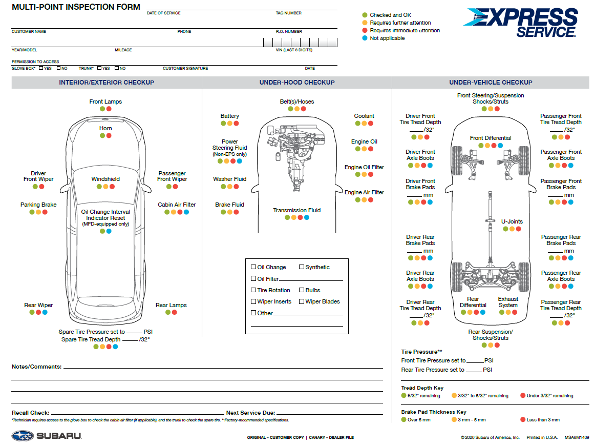 Subaru Multi-Point Inspection Form Image